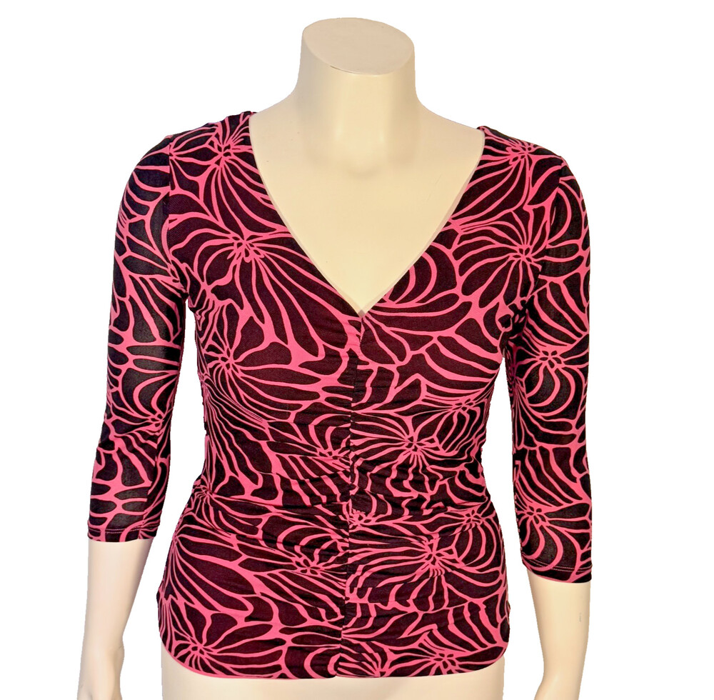 INC Mesh Blouse Women's M Pink Black Traced Floral V-Neck 3/4 Sleeve